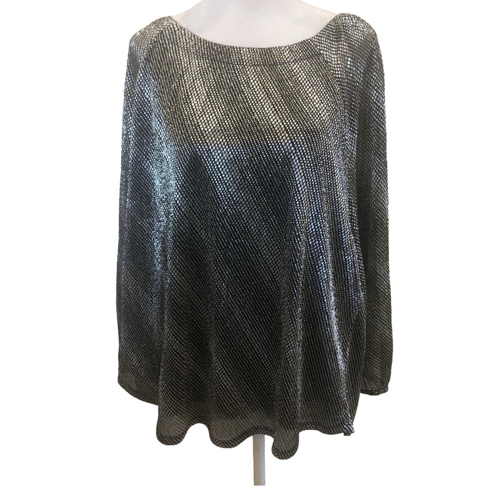 Chico’s Size 4 silver and black metallic pullover top. Sparkle festive bling